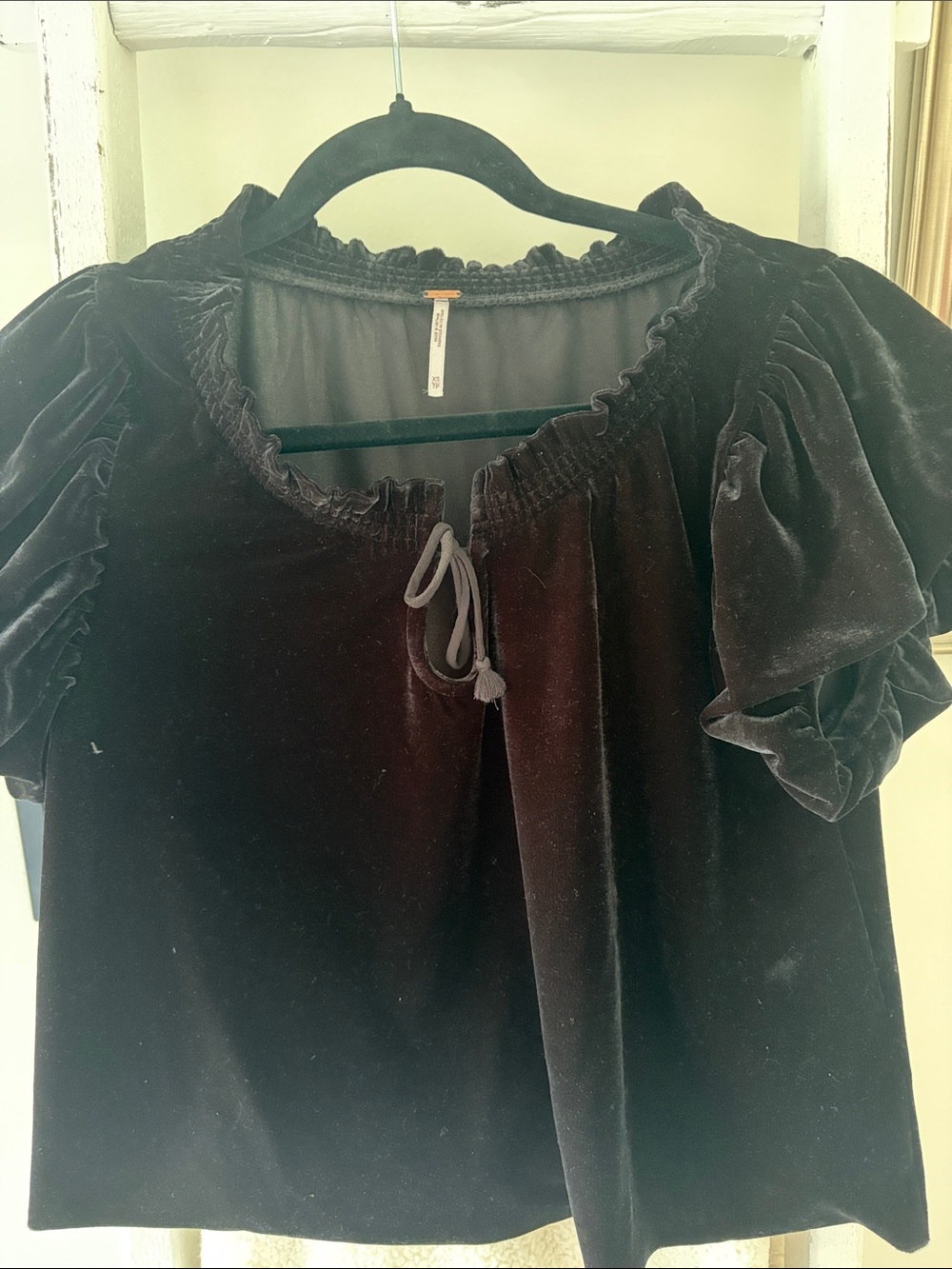 Free People Black Velvet Puff-Sleeve Peasant Top